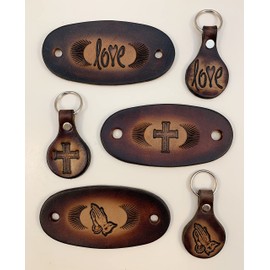 Made in USA - Large GENUINE THICK LEATHER Hair Barrette w Stick & Matching Key Fob, Oval Shape Ponytail Holder, Choice of Motif Design