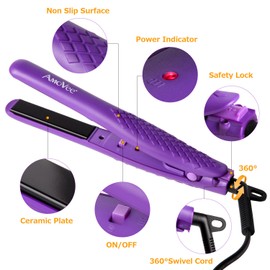 AmoVee Mini Flat Iron, 0.7 Inch Mini Hair Straightener, Small Flat Iron for Short Hair,Curls Bangs, Dual Voltage Travel Hair Straightener（Purple）