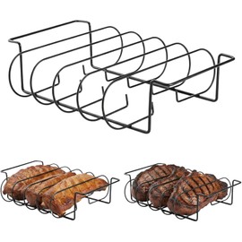 Zntezed Extra Long Non-Stick Stainless Steel Rib Rack for Smoking and Grilling，Holds up to 4 Full Racks of Ribs, The perfect BBQ accessory for smoking and grilling，Black