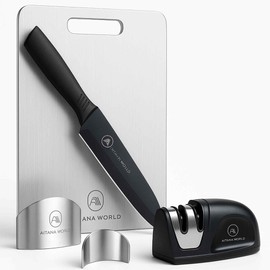 Stainless Steel Cutting Board for Kitchen – 4-Piece Kitchen Kit with Finger Guards, Paring Knife & Knife Sharpener – Rustproof Steel Chopping Board, Non-Slip, Easy to Clean,for Meat, Veggies & Fruits