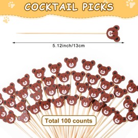 Cocktail Picks Bear Face Cocktail Sticks Bamboo Cocktail Skewers for Appetizers Cute Bear Food Picks Cocktail Toothpicks for Fruits Dessert Baby Shower Birthday Wedding Party Supplies (200 Pcs)