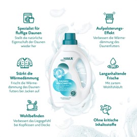 HAKA HAKA Daunenwaschmittel 1 Liter Flasche I Zur Reinigung von Daunenprodukten I für 20 Waschgänge | Verbessert die Wärmedämmeigenschaft I Mit Aufpolsterungseffekt