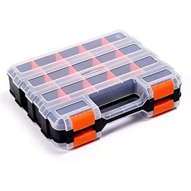 Double Side Tool Storage Box with Removable Plastic Partition, Hardware Box Storage, 34-Compartments, Excellent for Screws, Nuts, Small Parts, Black/Orange