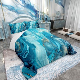 Erosebridal Marble Comforter Set,Teal Blue Marble Down Comforter Gold Liquid Quicksand Design Quilted Duvet,Turquoise Decorative 3 Piece Bedding Set with 2 Pillow Shams,King Size