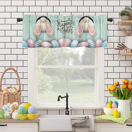 HELLOWINK Happy Easter Bunny Eggs Window Valances Rod Pocket Curtain for Kitchen, Cute Easter Rabbit Wood Panel Curtains for Bedroom/Small Window/Living Room, Washable Window Treatment, 1 Drapery