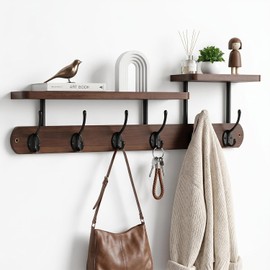 Wall Coat Rack with Shelf, Wooden Coat Rack with 6 Hooks for Hallways, Wardrobes, Bedrooms (59 cm) (Dark Wood Colour)