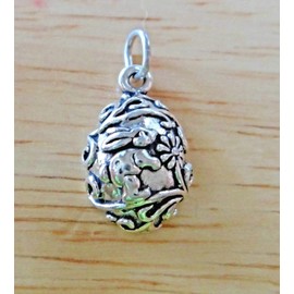 Sterling Silver 17x11mm Bunny Rabbit Flowers Easter Egg Charm concave Back - Jewelry Making DIY Crafting Charm Beads for Bracelets