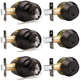 Probrico 3 Sets-Entry Door Knob Lockset and Single Cylinder Deadbolt Combination Set, Keyed Alike Front Handlesets in Oil Rubbed Bronze, Combo Pack Door Knobs Exterior,Contractor Pack