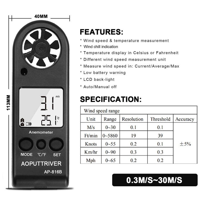 Digital Anemometer Handheld Wind Speed Meter for Measuring Wind Speed,