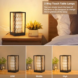 Jobtical Small Table Lamp for Bedroom,Touch Control Boho Desk Lamp for Nightstand with Rattan & Linen Shade,3-Way Dimmable Reading Bedside Table Lamp with USB Charging Port for Living Room,Office