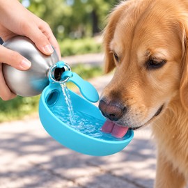 Portable Pet Water Bottle for Walks & Travel – 304 Stainless Steel Cup with Silicone Bowl for Dogs & Cats