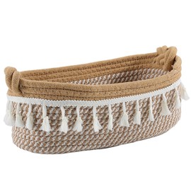 SOFPLATE 12.6 x 6.9 x 4 Inch Cotton Woven Basket Boho Organizer Bins Tan Macrame Bohemian Style Tassel Rope Small Storage Holder Basket Box for Home Bedroom Nursery Living room Entryway DIY Decoration