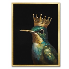 AIMAILON Vintage Gold Canvas Wall Art Framed Decor for Living Room - Hummingbird Birds King Wall Art, Retro Golden Wall Prints of Bird with a Crown, Modern Animal Bird Art Picture Bathroom Decor 12x16