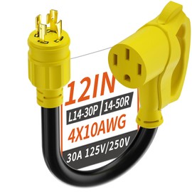 PlugSaf 4 Prong 30 Amp to 50 Amp RV Generator Adapter Cord, NEMA L14-30 Twist Lock Male Plug to NEMA 14-50 Female Plug, 12 Inch(1 FT) 10 Gauge STW Power Cord, Max 30A 125V/250V, Yellow, ETL Listed
