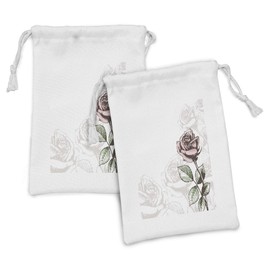 Ambesonne Rose Fabric Pouch Set of 2, Victorian Antique Design Sketchy Stem with Blossom and Faded Flourish, Small Drawstring Bag for Toiletries Masks and Favors, 9" x 6", Pale Green Pale Pink