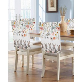 Easter Bunny Dining Room Chair Covers Back Slipcover Set of 4, Cute Grey Bunny Spring Wildflowers Easter Stretch Chair Protector for Kitchen Removable Washable Cute Gray Bunny Rabbits Chair Slipcover