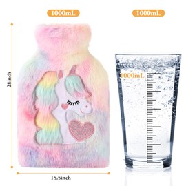 Hot Water Bottle with Cover Removable and Washable Soft Unicorn Plush Bottle Cover Warm Winter Natural Rubber 1L for Neck Waist Back Legs Shoulder (Red)