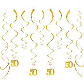 GAKA FAVOR Swirl Decoration Number 50 Gold Spiral Garland Foil Ceiling Hanger Double Spiral Decoration for 50th Birthday, Wedding, Anniversary or Party Decoration (Pack of 20)