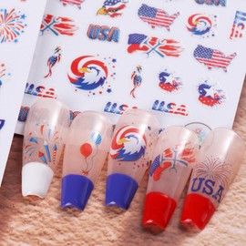 8 Sheets 4th of July Nail Art Stickers Decals Red White Blue Designs American Independence Day Patriotic Nail Stickers 3D Self-Adhesive USA Flag Map Eagle Statue of Liberty Nail Decals for Women
