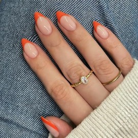 SXVME Uñas postizas francesas cortas almendradas y naranjas con pegamento para mujer. Uñas postizas francesas naturales en 15 tamaños. Kit de 30 uñas 