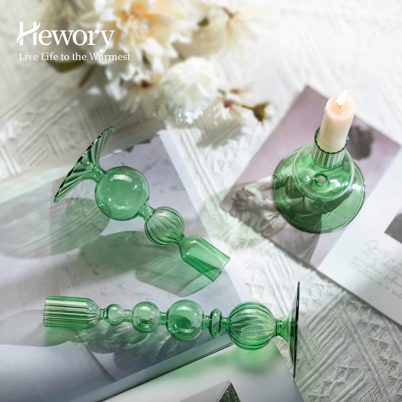 Hewory Glass Candlestick Holders Set: 3PCS Green Candle Holder Taper