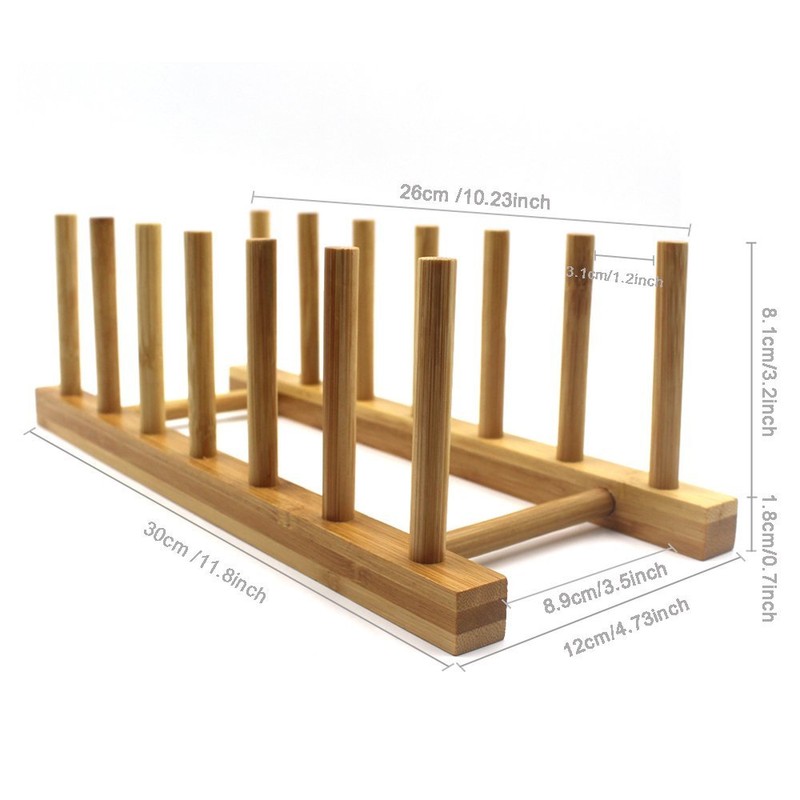 INNERNEED Bamboo Wooden Dish Rack, Vertical Plate & Lid Organizer