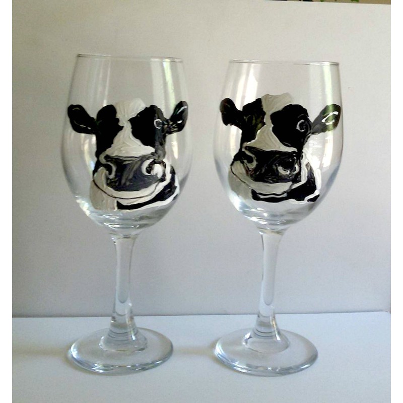 2 Dairy Cow Hand Painted Stemmed Wine Glasses Set