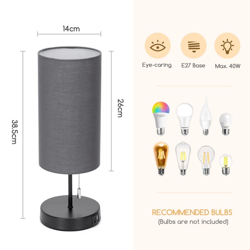 Aigostar Bedside Lamp with 2 USB Charging Ports, E27 Table