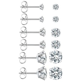6 Pairs Sterling Silver Stud Earrings for Women Girls Hypoallergenic Cartilage Earrings Ball Cubic Zirconia Tiny Stud Earrings for Lobe Helix Tragus Piercing Gift Set (Size: 3/4/5mm)