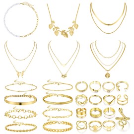 Kakonia 29Pcs Gold Jewelry Sets Rings Bracelets for Women Pure Initial Layered Necklace Knuckle Rings Chain Bracelets Gold Jewelry for Anniversary Birthday Gift