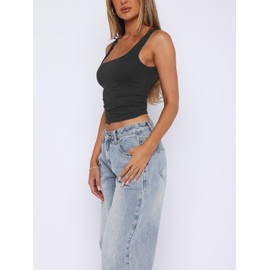 ForeFair Women's Sleeveless Square Neck Tank Top Double Layer Basic Crop Tops Summer Fitness Workout Casual Tops(S,Dark Grey)