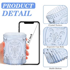 Qinyoung 12 Plastic Vintage Drinking Glasses 8.5oz Stemless Retro Embossed Wine Glasses Shatterproof Reusable Cups for Baby Shower Wedding Reception Grand Event Party (Blue)