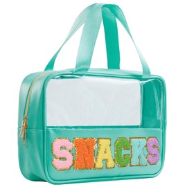 Snack Bags Chenille Letter Patch Clear Bag Snacks Bag for Travel, Preppy Cosmetic Bag Snacks Pouch with Zipper, Toiletry Bag for Traveling women, Clear Travel Bags for Toiletries (Green)