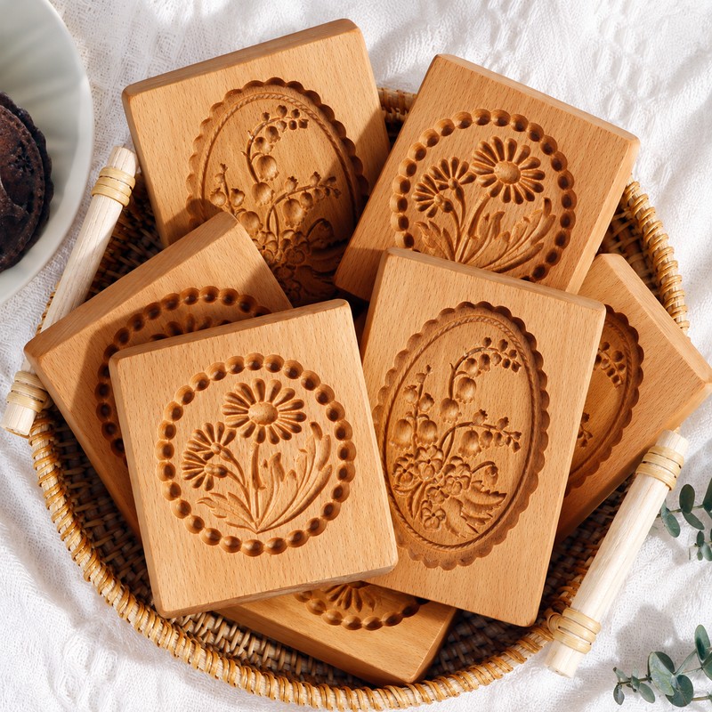Wooden Cookie Mold for Baking – Carved Flower Embossing Design
