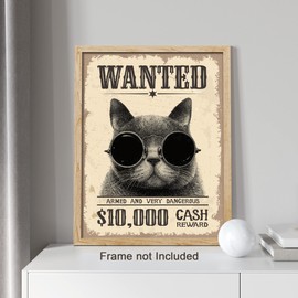 SIGNWIN Adhesive Canvas Poster Wanted Cat Wearing Sunglasses, Retro Style Gangster Kitty, Creative, Cute, Funny, Interesting, Bar Sign Urban, Farmhouse for Living Room, Bedroom, Office - 8"x10"