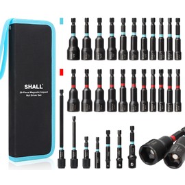SHALL 29PCS Magnetic Nut Driver Set, Impact Drill Driver Bit 1/4" Hex Shank, SAE & Metric Cr-V Steel Power Nut Drivers with Quick-release Extensions, Impact Socket Adapters, Bit Holder and Storage Bag