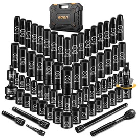 BOEN 1/2" Drive Impact Socket Set, 72 Piece Standard SAE (5/16"-1-1/4") & Metric (8-24 mm), Deep & Shallow Kit | Includes Ratchet Handle & Adapters | 3 ", 5", 10" Extension Bar