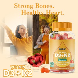 Biobor Natural Vitamin D3+K2 Gummies (2000IU D3 & 100mcg K2) support healthy bones and immune health. strawberry-flavored, supplement Healthcare - Specification: 1 bottle  Vitamin D3+K2 Gummies