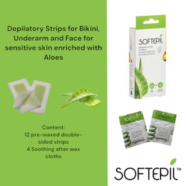 Epildou - Softepil bandes dépilatoires pour bikini, aisselles et visage enrichies d'aloès, avec 4 lingettes de finition apaisantes, fabriqué en Espagne