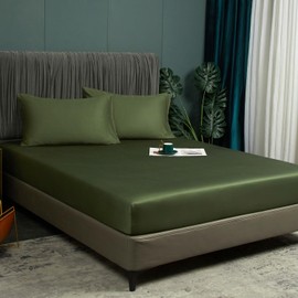 Luofanfei Bamboo Lyocell Fitted Sheet 180 x 200 cm Green Olive Green Box Spring Bed Terry Cloth Topper Shiny Bamboo Fibre Flat Sheet 180 x 200 Plain Fitted Sheets for High Mattresses up to 25-30 cm