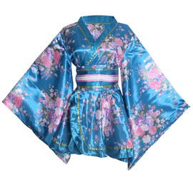 HUAHUA Women's Short Kimono Dress Floral Print Japanese Traditional Sexy Geisha Robe Bathrobe Skirt Belt Outfit