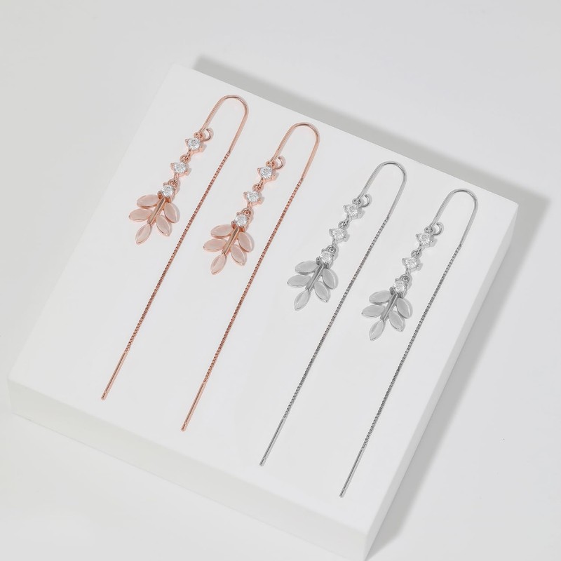 Meissa Sterling Silver Threader Earrings for Women Leaf Chain Earrings