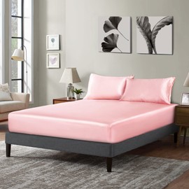 P Pothuiny Satin Fitted Sheet Twin XL Size, 1 Single Fitted Sheet Only, Extra Soft Deep Pocket Bottom Bed Sheets Mattress Cover Fits 12" to 16", Wrinkle Free, Fully Elasticized (Blush Pink)