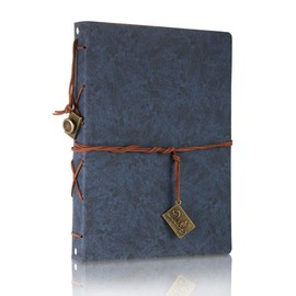 THXMADAM Vintage Notebook A5 Blue Leather Cover Writing Notebook Loose Leaf Travel Journal Diary Refillable Sketchbook with 200 Kraft Pages/100 Sheets and 1 PVC Zipper Pocket Gift for Man Boy Student