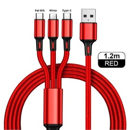 Multi Charging Cable, 4ft Multi Phone Charger Cable Nylon Braided Universal 3 in 1 Charging Cord Extra Long Multiple USB Cable with USB C, Micro USB Port Connectors for Cell Phones and More - Colour: Red