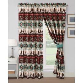 Chezmoi Collection Dune 4-Piece Southwestern Cowboys Aztec Window Curtain Set with Sheer Backing - Multicolor Teal Brown Beige Tan Red Printed Microfiber, 120 inch x 84 inch