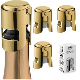 Champagne Stoppers for Bottles, Pafusen Champagne Sealer Stopper, Stainless Steel Champagne Cork Stopper Toppers, Saver for Champagne Cava Prosecco Sparkling Wine (Champagne -3-Pack- Gold)