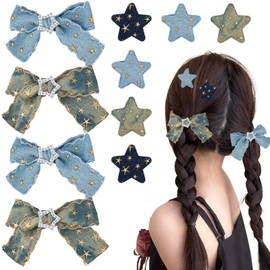 10Pcs Star Hair Clips Y2K Blue Hair Bow Clips for Women Girls Denim Small Hair Barrettes Fine Hair No Slip Cute Hair Pins Kawaii Metal Hair Clips Bows Styling Bowknot Accessories for Teens Kids…
