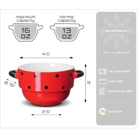 ECODECO 16 oz Ceramic Soup Bowls with Double Handles - Stackable Oven Safe - Red Polka Dot - Set of 4
