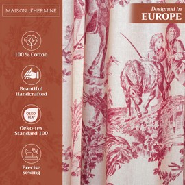 Maison d' Hermine Curtains for Living Room 100% Cotton 124 inch Length One Panel Light Filtering Toile Curtains for Bedroom Windows with Rod and Loop Pockets Drapes (The Miller Red, 50" W x 124" L)